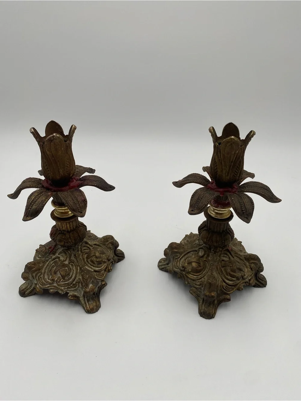 Vintage Floral Metal Candle Holders Bronze Gold Textured Metallic Square Base